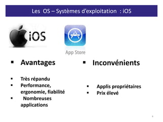 Les OS – Systèmes d’exploitation : iOS
4
 Avantages  Inconvénients
 Très répandu
 Performance,
ergonomie, fiabilité
 Nombreuses
applications
 Applis propriétaires
 Prix élevé
 