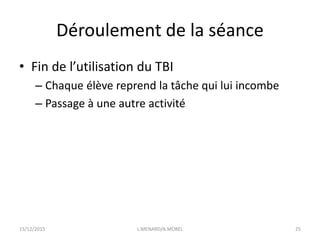 Déroulement de la séance
• Fin de l’utilisation du TBI
– Chaque élève reprend la tâche qui lui incombe
– Passage à une autre activité
15/12/2015 L.MENARD/A.MOREL 25
 