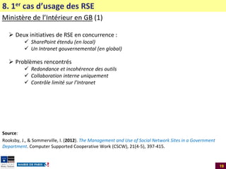 8. 1er cas d’usage des RSE
Ministère de l’Intérieur en GB (1)
 Deux initiatives de RSE en concurrence :
 SharePoint étendu (en local)
 Un Intranet gouvernemental (en global)

 Problèmes rencontrés
 Redondance et incohérence des outils
 Collaboration interne uniquement
 Contrôle limité sur l’Intranet

Source:
Rooksby, J., & Sommerville, I. (2012). The Management and Use of Social Network Sites in a Government
Department. Computer Supported Cooperative Work (CSCW), 21(4-5), 397-415.

19

 