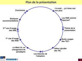 Plan de la présentation
L’e-mail … je t’aime moi
non plus

Conclusion

Les RSE comme
réponse?

Quelques
recommandations

2nd cas d’usage
des RSE

Thème de la
présentation

1er cas d’usage
des RSE

Quels usages
des TIC?

Le Web 2.0, un
changement de
paradigme

Valeur ajoutée
des TIC
Les théories de
l’adoption
3

 