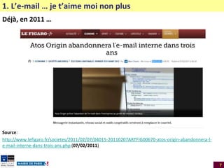 1. L’e-mail … je t’aime moi non plus
Déjà, en 2011 …

Source:
http://www.lefigaro.fr/societes/2011/02/07/04015-20110207ARTFIG00670-atos-origin-abandonnera-le-mail-interne-dans-trois-ans.php (07/02/2011)

7

 