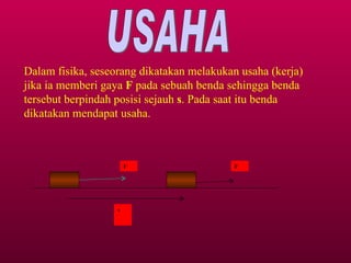 USAHA Dalam fisika, seseorang dikatakan melakukan usaha (kerja) jika ia memberi gaya  F  pada sebuah benda sehingga benda tersebut berpindah posisi sejauh  s . Pada saat itu benda dikatakan mendapat usaha. F F s 