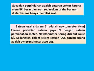 Gaya dan perpindahan adalah besaran vektor karena
memiliki besar dan arah sedangkan usaha besaran
skalar karena hanya memiliki arah



     Satuan usaha dalam SI adalah newtonmeter (Nm)
karena perkalian satuan gaya N dengan satuan
perpindahan meter. Newtonmeter sering disebut Joule
(J). Sedangkan dalam sistim satuan CGS satuan usaha
adalah dynecentimeter atau erg.
 