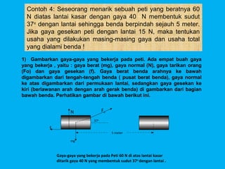Contoh 4: Seseorang menarik sebuah peti yang beratnya 60
  N diatas lantai kasar dengan gaya 40 N membentuk sudut
  37o dengan lantai sehingga benda berpindah sejauh 5 meter.
  Jika gaya gesekan peti dengan lantai 15 N, maka tentukan
  usaha yang dilakukan masing-masing gaya dan usaha total
  yang dialami benda !
1) Gambarkan gaya-gaya yang bekerja pada peti. Ada empat buah gaya
yang bekerja , yaitu : gaya berat (mg), gaya normal (N), gaya tarikan orang
(Fo) dan gaya gesekan (f). Gaya berat benda arahnya ke bawah
digambarkan dari tengah-tengah benda ( pusat berat benda), gaya normal
ke atas digambarkan dari permukaan lantai, sedangkan gaya gesekan ke
kiri (berlawanan arah dengan arah gerak benda) di gambarkan dari bagian
bawah benda. Perhatikan gambar di bawah berikut ini.


                      N                 Fo
                                  37o

           f
                                             5 meter

                      mg



               Gaya-gaya yang bekerja pada Peti 60 N di atas lantai kasar
               ditarik gaya 40 N yang membentuk sudut 37o dengan lantai .
 