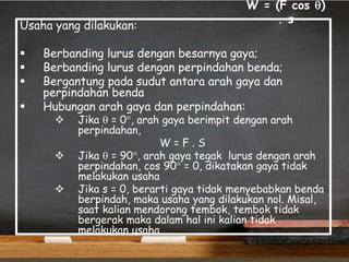 W = (F cos )
. s
Usaha yang dilakukan:
 Berbanding lurus dengan besarnya gaya;
 Berbanding lurus dengan perpindahan benda;
 Bergantung pada sudut antara arah gaya dan
perpindahan benda
 Hubungan arah gaya dan perpindahan:
 Jika  = 0, arah gaya berimpit dengan arah
perpindahan,
W = F . S
 Jika  = 90, arah gaya tegak lurus dengan arah
perpindahan, cos 90 = 0, dikatakan gaya tidak
melakukan usaha
 Jika s = 0, berarti gaya tidak menyebabkan benda
berpindah, maka usaha yang dilakukan nol. Misal,
saat kalian mendorong tembok, tembok tidak
bergerak maka dalam hal ini kalian tidak
melakukan usaha.
 