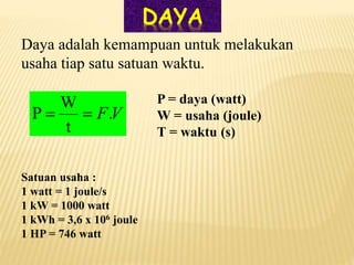 Daya adalah kemampuan untuk melakukan
usaha tiap satu satuan waktu.
V
F.
t
W
P 

P = daya (watt)
W = usaha (joule)
T = waktu (s)
Satuan usaha :
1 watt = 1 joule/s
1 kW = 1000 watt
1 kWh = 3,6 x 106 joule
1 HP = 746 watt
DAYA
 