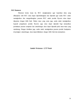 14
10.0 Rumusan
Menerusi kertas kerja ini, RCC mengharapkan agar keperluan dana yang
diharapkan oleh RCC akan dapat dipertimbangkan dan dipenuhi agar usaha RCC untuk
meningkatkan dan mengembangkan pasaran RCC untuk produk Ryverra akan dapat
dijayakan dengan lebih baik. Dalam masa yang sama juga, usaha untuk meningkatkan
kapasiti pengeluaran produk Ryverra juga akan dapat dipenuhi bagi memastikan
permintaan pasaran tempatan dan antarabangsa akan dapat dipenuhi pada masa-masa yang
mendatang. Dengan demikian juga, usaha untuk meningkatkan pasaran produk bumiputera
di peringkat antarabangsa akan dapat dilakukan dengan lebih baik dan memuaskan.
Jumlah Perkataan : 2,727 Patah
 