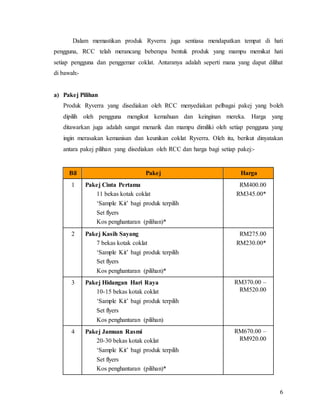 6
Dalam memastikan produk Ryverra juga sentiasa mendapatkan tempat di hati
pengguna, RCC telah merancang beberapa bentuk produk yang mampu memikat hati
setiap pengguna dan penggemar coklat. Antaranya adalah seperti mana yang dapat dilihat
di bawah:-
a) Pakej Pilihan
Produk Ryverra yang disediakan oleh RCC menyediakan pelbagai pakej yang boleh
dipilih oleh pengguna mengikut kemahuan dan keinginan mereka. Harga yang
ditawarkan juga adalah sangat menarik dan mampu dimiliki oleh setiap pengguna yang
ingin merasakan kemanisan dan keunikan coklat Ryverra. Oleh itu, berikut dinyatakan
antara pakej pilihan yang disediakan oleh RCC dan harga bagi setiap pakej:-
Bil Pakej Harga
1 Pakej Cinta Pertama
11 bekas kotak coklat
‘Sample Kit’ bagi produk terpilih
Set flyers
Kos penghantaran (pilihan)*
RM400.00
RM345.00*
2 Pakej Kasih Sayang
7 bekas kotak coklat
‘Sample Kit’ bagi produk terpilih
Set flyers
Kos penghantaran (pilihan)*
RM275.00
RM230.00*
3 Pakej Hidangan Hari Raya
10-15 bekas kotak coklat
‘Sample Kit’ bagi produk terpilih
Set flyers
Kos penghantaran (pilihan)
RM370.00 –
RM520.00
4 Pakej Jamuan Rasmi
20-30 bekas kotak coklat
‘Sample Kit’ bagi produk terpilih
Set flyers
Kos penghantaran (pilihan)*
RM670.00 –
RM920.00
 