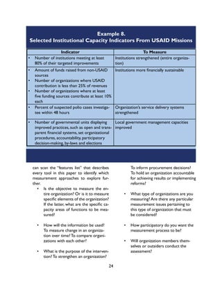 24
Example 8.
Selected Institutional Capacity Indicators From USAID Missions
Indicator To Measure
•	 Number of institutions meeting at least
80% of their targeted improvements
Institutions strengthened (entire organiza-
tion)
•	 Amount of funds raised from non-USAID
sources
•	 Number of organizations where USAID
contribution is less than 25% of revenues
•	 Number of organizations where at least
five funding sources contribute at least 10%
each
Institutions more financially sustainable
•	 Percent of suspected polio cases investiga-
tee within 48 hours
Organization’s service delivery systems
strengthened
•	 Number of governmental units displaying
improved practices, such as open and trans-
parent financial systems, set organizational
procedures, accountability, participatory
decision-making, by-laws and elections
Local government management capacities
improved
can scan the “features list” that describes
every tool in this paper to identify which
measurement approaches to explore fur-
ther.
•	 Is the objective to measure the en-
tire organization? Or is it to measure
specific elements of the organization?
If the latter, what are the specific ca-
pacity areas of functions to be mea-
sured?
•	 How will the information be used?
To measure change in an organiza-
tion over time? To compare organi-
zations with each other?
•	 What is the purpose of the interven-
tion? To strengthen an organization?
To inform procurement decisions?
To hold an organization accountable
for achieving results or implementing
reforms?
•	 What type of organizations are you
measuring? Are there any particular
measurement issues pertaining to
this type of organization that must
be considered?
•	 How participatory do you want the
measurement process to be?
•	 Will organization members them-
selves or outsiders conduct the
assessment?
 