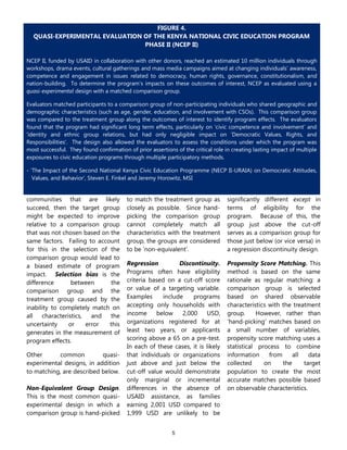 5
communities that are likely
succeed, then the target group
might be expected to improve
relative to a comparison group
that was not chosen based on the
same factors. Failing to account
for this in the selection of the
comparison group would lead to
a biased estimate of program
impact. Selection bias is the
difference between the
comparison group and the
treatment group caused by the
inability to completely match on
all characteristics, and the
uncertainty or error this
generates in the measurement of
program effects.
Other common quasi-
experimental designs, in addition
to matching, are described below.
Non-Equivalent Group Design.
This is the most common quasi-
experimental design in which a
comparison group is hand-picked
to match the treatment group as
closely as possible. Since hand-
picking the comparison group
cannot completely match all
characteristics with the treatment
group, the groups are considered
to be ‘non-equivalent’.
Regression Discontinuity.
Programs often have eligibility
criteria based on a cut-off score
or value of a targeting variable.
Examples include programs
accepting only households with
income below 2,000 USD,
organizations registered for at
least two years, or applicants
scoring above a 65 on a pre-test.
In each of these cases, it is likely
that individuals or organizations
just above and just below the
cut-off value would demonstrate
only marginal or incremental
differences in the absence of
USAID assistance, as families
earning 2,001 USD compared to
1,999 USD are unlikely to be
significantly different except in
terms of eligibility for the
program. Because of this, the
group just above the cut-off
serves as a comparison group for
those just below (or vice versa) in
a regression discontinuity design.
Propensity Score Matching. This
method is based on the same
rationale as regular matching: a
comparison group is selected
based on shared observable
characteristics with the treatment
group. However, rather than
‘hand-picking’ matches based on
a small number of variables,
propensity score matching uses a
statistical process to combine
information from all data
collected on the target
population to create the most
accurate matches possible based
on observable characteristics.
FIGURE 4.
QUASI-EXPERIMENTAL EVALUATION OF THE KENYA NATIONAL CIVIC EDUCATION PROGRAM
PHASE II (NCEP II)
NCEP II, funded by USAID in collaboration with other donors, reached an estimated 10 million individuals through
workshops, drama events, cultural gatherings and mass media campaigns aimed at changing individuals’ awareness,
competence and engagement in issues related to democracy, human rights, governance, constitutionalism, and
nation-building. To determine the program’s impacts on these outcomes of interest, NCEP as evaluated using a
quasi-experimental design with a matched comparison group.
Evaluators matched participants to a comparison group of non-participating individuals who shared geographic and
demographic characteristics (such as age, gender, education, and involvement with CSOs). This comparison group
was compared to the treatment group along the outcomes of interest to identify program effects. The evaluators
found that the program had significant long term effects, particularly on ‘civic competence and involvement’ and
‘identity and ethnic group relations, but had only negligible impact on ‘Democratic Values, Rights, and
Responsibilities’. The design also allowed the evaluators to assess the conditions under which the program was
most successful. They found confirmation of prior assertions of the critical role in creating lasting impact of multiple
exposures to civic education programs through multiple participatory methods.
- ‘The Impact of the Second National Kenya Civic Education Programme (NECP II-URAIA) on Democratic Attitudes,
Values, and Behavior’, Steven E. Finkel and Jeremy Horowitz, MSI
 
