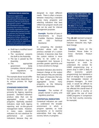 3
 Draft law is modified based
on feedback.
 The secretariat presents
the draft to the Assembly.
 The law is passed by the
Assembly.
 The appropriate
government body
completes internal policies
or regulations to
implement the law.
The example above would differ
for each country depending on
its unique process for legal
reform.
STANDARD INDICATORS
Standard indicators are used
primarily for Agency reporting
purposes. Standard indicators
produce data that can be
aggregated across many
programs. Optimally, standard
indicators meet both Agency
reporting and on-the-ground
management needs. However,
in many cases, standard
indicators do not substitute for
performance (or custom
indicators) because they are
designed to meet different
needs. There is often a tension
between measuring a standard
across many programs and
selecting indicators that best
reflect true program results and
that can be used for internal
management purposes.
Example: Number of Laws or
Amendments to Ensure
Credible Elections Adopted
with USG Technical
Assistance.
In comparing the standard
indicator above with the
previous example of a custom
indicator, it becomes clear that
the custom indictor is more
likely to be useful as a
management tool, because it
provides greater specificity and
is more sensitive to change.
Standard indicators also tend to
measure change at the output
level, because they are precisely
the types of measures that are,
at face value, more easily
aggregated across many
programs, as the following
example demonstrates.
Example: The number of
people trained in policy and
regulatory practices.
CONTEXTUAL INDICATORS
Contextual indicators are used
to understand the broader
environment in which a
program operates, to track
assumptions, or to examine
externalities that may affect
success, failure, or progress.
They do not represent program
performance, because the
indicator measures very high-
level change.
Example: Score on the
Freedom House Index or
Gross Domestic Product
(GDP).
This sort of indicator may be
important to track to
understand the context for
USAID programming (e.g. a
severe drop in GDP is likely to
affect economic growth
programming), but represents a
level of change that is outside
the manageable interest of
program managers. In most
cases, it would be difficult to
say that USAID programming
has affected the overall level of
freedom within a country or
GDP (given the size of most
USAID programs in comparison
to the host country economy,
for example).
PARTICIPATION IS ESSENTIAL
Experience suggests that
participatory approaches are an
essential aspect of developing and
maintaining effective performance
management systems. Collaboration
with development partners
(including host country institutions,
civil society organizations (CSOs),
and implementing partners) as well
as customers has important benefits.
It allows you to draw on the
experience of others, obtains buy-in
to achieving results and meeting
targets, and provides an opportunity
to ensure that systems are as
streamlined and practical as possible.
INDICATORS AND DATA—SO
WHAT’S THE DIFFERENCE?
Indicators define the particular
characteristic or dimension that will
be used to measure change. Height
is an example of an indicator.
The data are the actual
measurements or factual information
that result from the indicator. Five
feet seven inches is an example of
data.
 