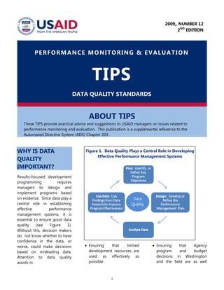 1
PERFORMANCE MONITORING & EVALUATION
TIPS
DATA QUALITY STANDARDS
ABOUT TIPS
These TIPS provide practical advice and suggestions to USAID managers on issues related to
performance monitoring and evaluation. This publication is a supplemental reference to the
Automated Directive System (ADS) Chapter 203.
WHY IS DATA
QUALITY
IMPORTANT?
Results-focused development
programming requires
managers to design and
implement programs based
on evidence. Since data play a
central role in establishing
effective performance
management systems, it is
essential to ensure good data
quality (see Figure 1).
Without this, decision makers
do not know whether to have
confidence in the data, or
worse, could make decisions
based on misleading data.
Attention to data quality
assists in:
 Ensuring that limited
development resources are
used as effectively as
possible
 Ensuring that Agency
program and budget
decisions in Washington
and the field are as well
2009, NUMBER 12
2ND
EDITION
Data
Quality
Figure 1. Data Quality Plays a Central Role in Developing
Effective Performance Management Systems
Cycle:
Plan: Identify or Refine Key Program Objectives
Design: Develop or Refine the Performance Management Plan
Analyze Data
Use Data: Use Findings from Data Analysis to Improve Program Effectiveness
 