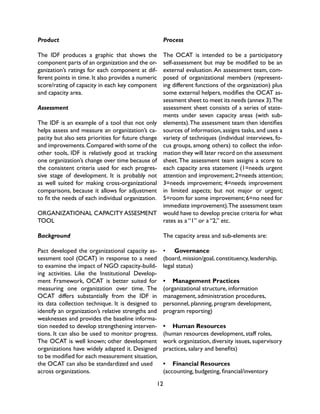 12
Product
The IDF produces a graphic that shows the
component parts of an organization and the or-
ganization’s ratings for each component at dif-
ferent points in time. It also provides a numeric
score/rating of capacity in each key component
and capacity area.
Assessment
The IDF is an example of a tool that not only
helps assess and measure an organization’s ca-
pacity but also sets priorities for future change
and improvements.Compared with some of the
other tools, IDF is relatively good at tracking
one organization’s change over time because of
the consistent criteria used for each progres-
sive stage of development. It is probably not
as well suited for making cross-organizational
comparisons, because it allows for adjustment
to fit the needs of each individual organization.
ORGANIZATIONAL CAPACITY ASSESMENT
TOOL
Background
Pact developed the organizational capacity as-
sessment tool (OCAT) in response to a need
to examine the impact of NGO capacity-build-
ing activities. Like the Institutional Develop-
ment Framework, OCAT is better suited for
measuring one organization over time. The
OCAT differs substantially from the IDF in
its data collection technique. It is designed to
identify an organization’s relative strengths and
weaknesses and provides the baseline informa-
tion needed to develop strengthening interven-
tions. It can also be used to monitor progress.
The OCAT is well known; other development
organizations have widely adapted it. Designed
to be modified for each measurement situation,
the OCAT can also be standardized and used
across organizations.
Process
The OCAT is intended to be a participatory
self-assessment but may be modified to be an
external evaluation.An assessment team, com-
posed of organizational members (represent-
ing different functions of the organization) plus
some external helpers, modifies the OCAT as-
sessment sheet to meet its needs (annex 3).The
assessment sheet consists of a series of state-
ments under seven capacity areas (with sub-
elements).The assessment team then identifies
sources of information, assigns tasks, and uses a
variety of techniques (individual interviews, fo-
cus groups, among others) to collect the infor-
mation they will later record on the assessment
sheet.The assessment team assigns a score to
each capacity area statement (1=needs urgent
attention and improvement; 2=needs attention;
3=needs improvement; 4=needs improvement
in limited aspects; but not major or urgent;
5=room for some improvement;6=no need for
immediate improvement).The assessment team
would have to develop precise criteria for what
rates as a “1” or a “2,” etc.
The capacity areas and sub-elements are:
•	 Governance
(board, mission/goal, constituency, leadership,
legal status)
•	 Management Practices
(organizational structure, information
management, administration procedures,
personnel, planning, program development,
program reporting)
•	 Human Resources
(human resources development, staff roles,
work organization, diversity issues, supervisory
practices, salary and benefits)
•	 Financial Resources
(accounting, budgeting, financial/inventory
 