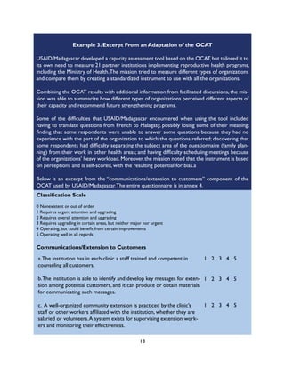 13
Example 3. Excerpt From an Adaptation of the OCAT
USAID/Madagascar developed a capacity assessment tool based on the OCAT,but tailored it to
its own need to measure 21 partner institutions implementing reproductive health programs,
including the Ministry of Health.The mission tried to measure different types of organizations
and compare them by creating a standardized instrument to use with all the organizations.
Combining the OCAT results with additional information from facilitated discussions, the mis-
sion was able to summarize how different types of organizations perceived different aspects of
their capacity and recommend future strengthening programs.
Some of the difficulties that USAID/Madagascar encountered when using the tool included
having to translate questions from French to Malagasy, possibly losing some of their meaning;
finding that some respondents were unable to answer some questions because they had no
experience with the part of the organization to which the questions referred; discovering that
some respondents had difficulty separating the subject area of the questionnaire (family plan-
ning) from their work in other health areas; and having difficulty scheduling meetings because
of the organizations’ heavy workload.Moreover,the mission noted that the instrument is based
on perceptions and is self-scored, with the resulting potential for bias.a
Below is an excerpt from the “communications/extension to customers” component of the
OCAT used by USAID/Madagascar.The entire questionnaire is in annex 4.
Classification Scale
0 Nonexistent or out of order
1 Requires urgent attention and upgrading
2 Requires overall attention and upgrading
3 Requires upgrading in certain areas, but neither major nor urgent
4 Operating, but could benefit from certain improvements
5 Operating well in all regards
Communications/Extension to Customers
a.The institution has in each clinic a staff trained and competent in
counseling all customers.
b.The institution is able to identify and develop key messages for exten-
sion among potential customers, and it can produce or obtain materials
for communicating such messages.
c. A well-organized community extension is practiced by the clinic’s
staff or other workers affiliated with the institution, whether they are
salaried or volunteers.A system exists for supervising extension work-
ers and monitoring their effectiveness.
1 2 3 4 5
1 2 3 4 5
1 2 3 4 5
 