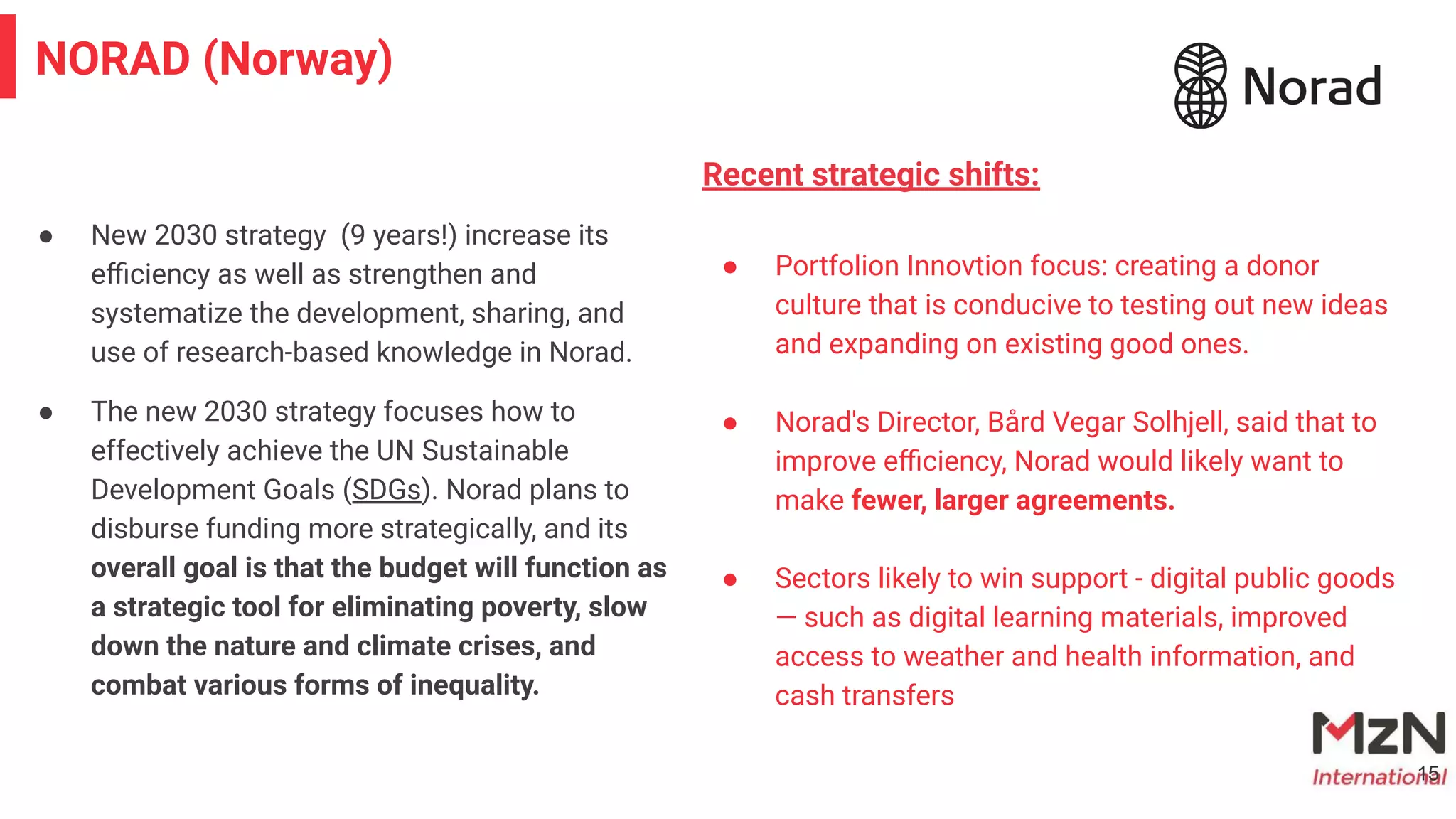 ● New 2030 strategy (9 years!) increase its
eﬃciency as well as strengthen and
systematize the development, sharing, and
use of research-based knowledge in Norad.
● The new 2030 strategy focuses how to
effectively achieve the UN Sustainable
Development Goals (SDGs). Norad plans to
disburse funding more strategically, and its
overall goal is that the budget will function as
a strategic tool for eliminating poverty, slow
down the nature and climate crises, and
combat various forms of inequality.
15
NORAD (Norway) Logo here
Recent strategic shifts:
● Portfolion Innovtion focus: creating a donor
culture that is conducive to testing out new ideas
and expanding on existing good ones.
● Norad's Director, Bård Vegar Solhjell, said that to
improve eﬃciency, Norad would likely want to
make fewer, larger agreements.
● Sectors likely to win support - digital public goods
— such as digital learning materials, improved
access to weather and health information, and
cash transfers
 