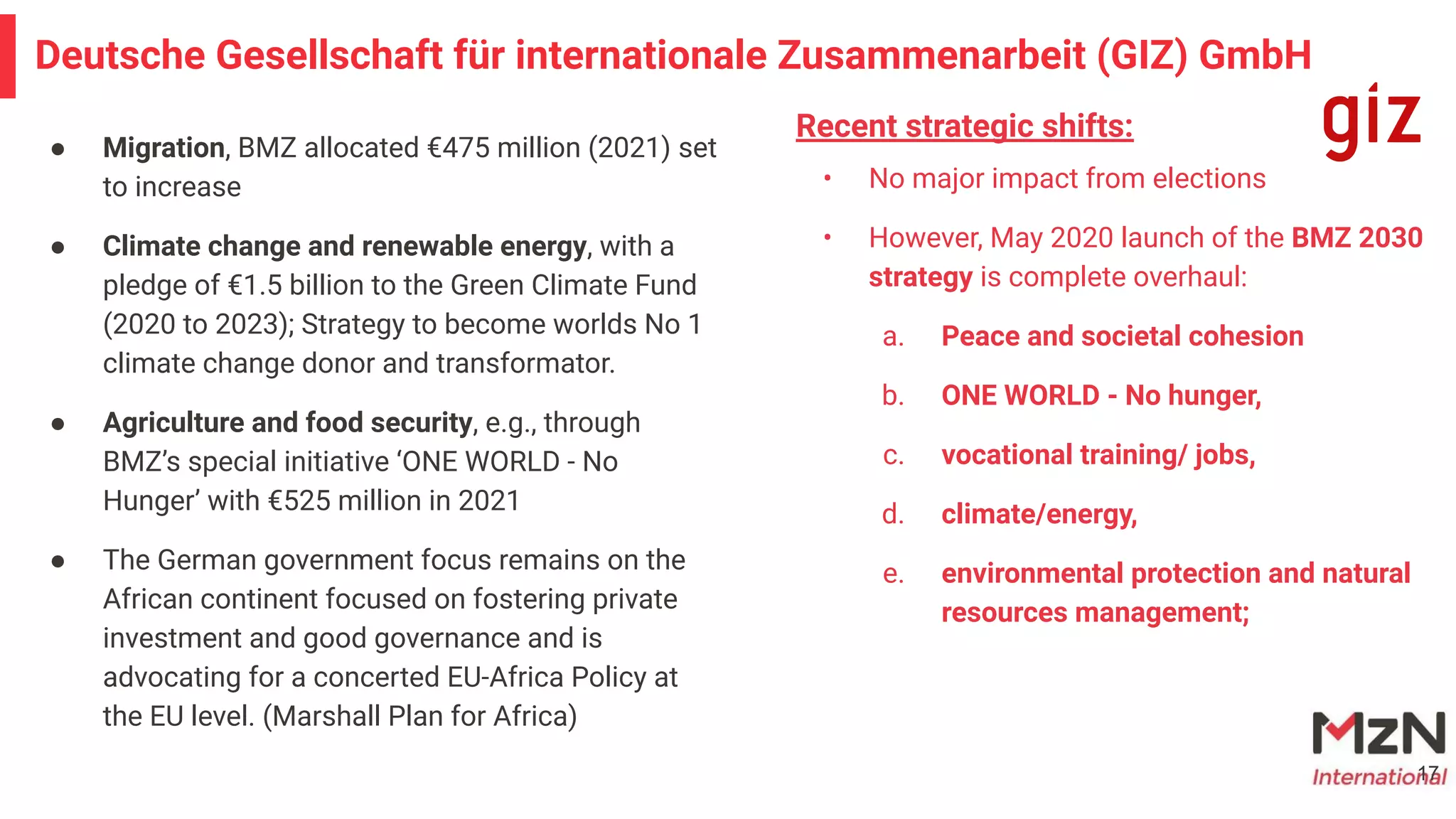 ● Migration, BMZ allocated €475 million (2021) set
to increase
● Climate change and renewable energy, with a
pledge of €1.5 billion to the Green Climate Fund
(2020 to 2023); Strategy to become worlds No 1
climate change donor and transformator.
● Agriculture and food security, e.g., through
BMZ’s special initiative ‘ONE WORLD - No
Hunger’ with €525 million in 2021
● The German government focus remains on the
African continent focused on fostering private
investment and good governance and is
advocating for a concerted EU-Africa Policy at
the EU level. (Marshall Plan for Africa)
17
Deutsche Gesellschaft für internationale Zusammenarbeit (GIZ) GmbH
Recent strategic shifts:
• No major impact from elections
• However, May 2020 launch of the BMZ 2030
strategy is complete overhaul:
a. Peace and societal cohesion
b. ONE WORLD - No hunger,
c. vocational training/ jobs,
d. climate/energy,
e. environmental protection and natural
resources management;
 