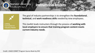 The goal of industry partnerships is to strengthen the foundational,
technical, and work readiness skills needed by new employees.
This toolkit leads instructors through the process of working with
local employers to ensure that training program content meets
current industry needs.
Instructional Toolkits
Credit: USAID COMET Program Source Book by EDC
 