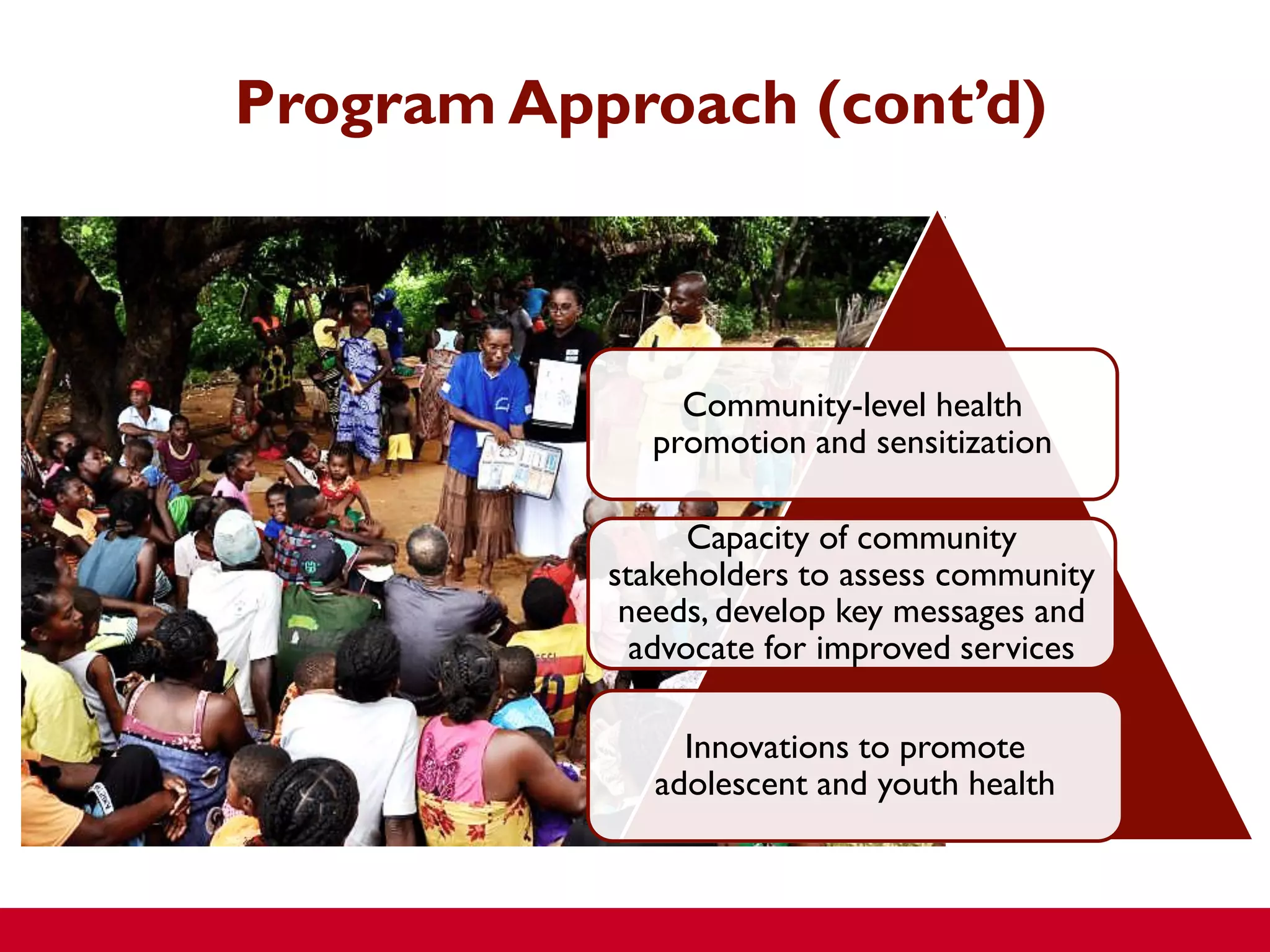 Program Approach (cont’d)
Community-level health
promotion and sensitization
Capacity of community
stakeholders to assess community
needs, develop key messages and
advocate for improved services
Innovations to promote
adolescent and youth health
 
