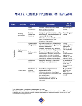 21
ANNEX A: COMBINED IMPLEMENTATION FRAMEWORK
Phase Domain Factor Description
Unit of
analysis
1
Pre-condition
Enabling
environment
Wider
environment
Economic, political, social, and health
system context within which
intervention3 is implemented
National/regional
context
External
policies and
incentives
Strategies to spread intervention – policy,
regulations (not directly implemented by
project but (pre)existing)
Policies that constrained implementation
Other donor led initiatives that
complement intervention
National/regional
context
Implementation
setting
Characteristics
of organization
Structural characteristics of organization
such as social architecture, age, maturity,
and size of organization
Culture of organization such as norms,
values, basic assumptions of organization
Change
target/larger host
organization4
(identify for each
case; e.g. MOH)
Implementation
climate
Climate within organization, including
relative priority of project, readiness for
implementation, learning climate, and
policies, procedures, and reward systems
that inhibit or facilitate implementation
Change
target/larger host
organization
(identify for each
case; e.g. MOH)
Project design
Intervention
source
Stakeholder perception if intervention
internally or externally developed
As applicable for
each case (e.g.
MOH, local
partners, change
target)
Identification of
effective
intervention
Process for deciding intervention
approach and activities
Stakeholder perception of quality and
validity of evidence that intervention will
have desired effects
Perceived relative advantage and
complexity/perceived difficulty of
intervention
As applicable for
each case (e.g.
MOH, local
partners, change
target)
3 The total package of activities that is implemented by the project.
4 Institution within which activities are being implemented; may be MOH or other local organization (will focus on larger
organization like MOH rather than individual hospitals); depending on the case this organization may be more or less
involved in the actual implementation.
 