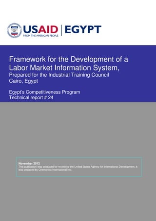 Technical Report #
i
Framework for the Development of a
Labor Market Information System,
Prepared for the Industrial Training Council
Cairo, Egypt
Egypt’s Competitiveness Program
Technical report # 24
November 2012
This publication was produced for review by the United States Agency for International Development. It
was prepared by Chemonics International Inc.
 