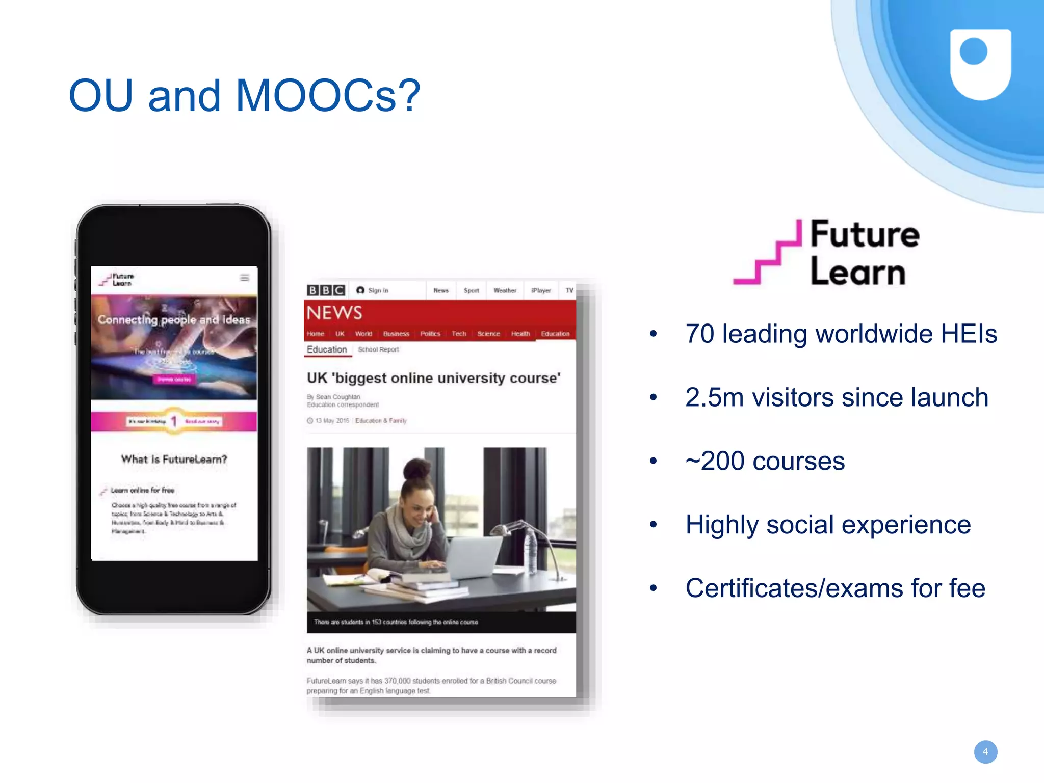 4
OU and MOOCs?
• 70 leading worldwide HEIs
• 2.5m visitors since launch
• ~200 courses
• Highly social experience
• Certificates/exams for fee
 