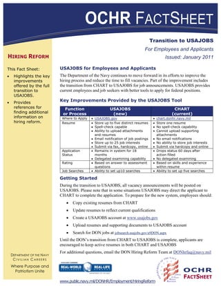 OCHR FACTSHEET
                                                                                        Transition to USAJOBS
                                                                                  For Employees and Applicants
HIRING REFORM                                                                                  Issued: January 2011

This Fact Sheet:             USAJOBS for Employees and Applicants
   Highlights the key        The Department of the Navy continues to move forward in its efforts to improve the
   improvements              hiring process and reduce the time to fill vacancies. Part of the improvement includes
   offered by the full       the transition from CHART to USAJOBS for job announcements. USAJOBS provides
   transition to             current employees and job seekers with better tools to apply for federal positions.
   USAJOBS.
   Provides
                             Key Improvements Provided by the USAJOBS Tool
   references for              Function                     USAJOBS                                 CHART
   finding additional         or Process                     (new)                                 (current)
   information on             Where to Apply       USAJOBS.gov                            chart.donhr.navy.mil
   hiring reform.             Resume               Store up to five distinct resumes      Store one resume
                                                   Spell-check capable                    No spell-check capability
                                                   Ability to upload attachments          Cannot upload supporting
                                                   and resumes                            attachments
                                                   Email notification of job postings     No email notifications
                                                   Store up to 25 job interests           No ability to store job interests
                                                   Submit via fax, hardcopy, online       Submit via hardcopy and online
                              Application          Remains in system for 18               Drops status 60 days after
                              Status               months                                 action filled
                                                   Delegated examining capability         No delegated examining
                              Rating               Based on answer to assessment          Based on skills and experience
                                                   questions                              within resume
                              Job Searches         Ability to set up10 searches           Ability to set up five searches

                             Getting Started
                             During the transition to USAJOBS, all vacancy announcements will be posted on
                             USAJOBS. Please note that in some situations USAJOBS may direct the applicant to
                             CHART to complete the application. To prepare for the new system, employees should:
                                       Copy existing resumes from CHART
                                       Update resumes to reflect current qualifications
                                       Create a USAJOBS account at www.usajobs.gov
                                       Upload resumes and supporting documents to USAJOBS account
                                       Search for DON jobs at jobsearch.usajobs.gov/a9DON.aspx
                             Until the DON’s transition from CHART to USAJOBS is complete, applicants are
                             encouraged to keep active resumes in both CHART and USAJOBS
                             For additional questions, email the DON Hiring Reform Team at DONhrfaq@navy.mil
 DEPARTMENT OF THE NAVY
  CI VI LI AN C AR E E R S
 Where Purpose and
  Patriotism Unite                                                                                         OCHR
                                                                                                           FACTSHEET
                             www.public.navy.mil/DONHR/Employment/HiringReform
 