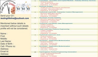 Send your CV :
testinglifeline@outlook.com
Mentioned below details is
important without such details
profile will not be considered.
Name :
First:
Middle:
Last Name:
Date of Birth :
Cell / Phone no:
Address:
Email Id:
Address:
 