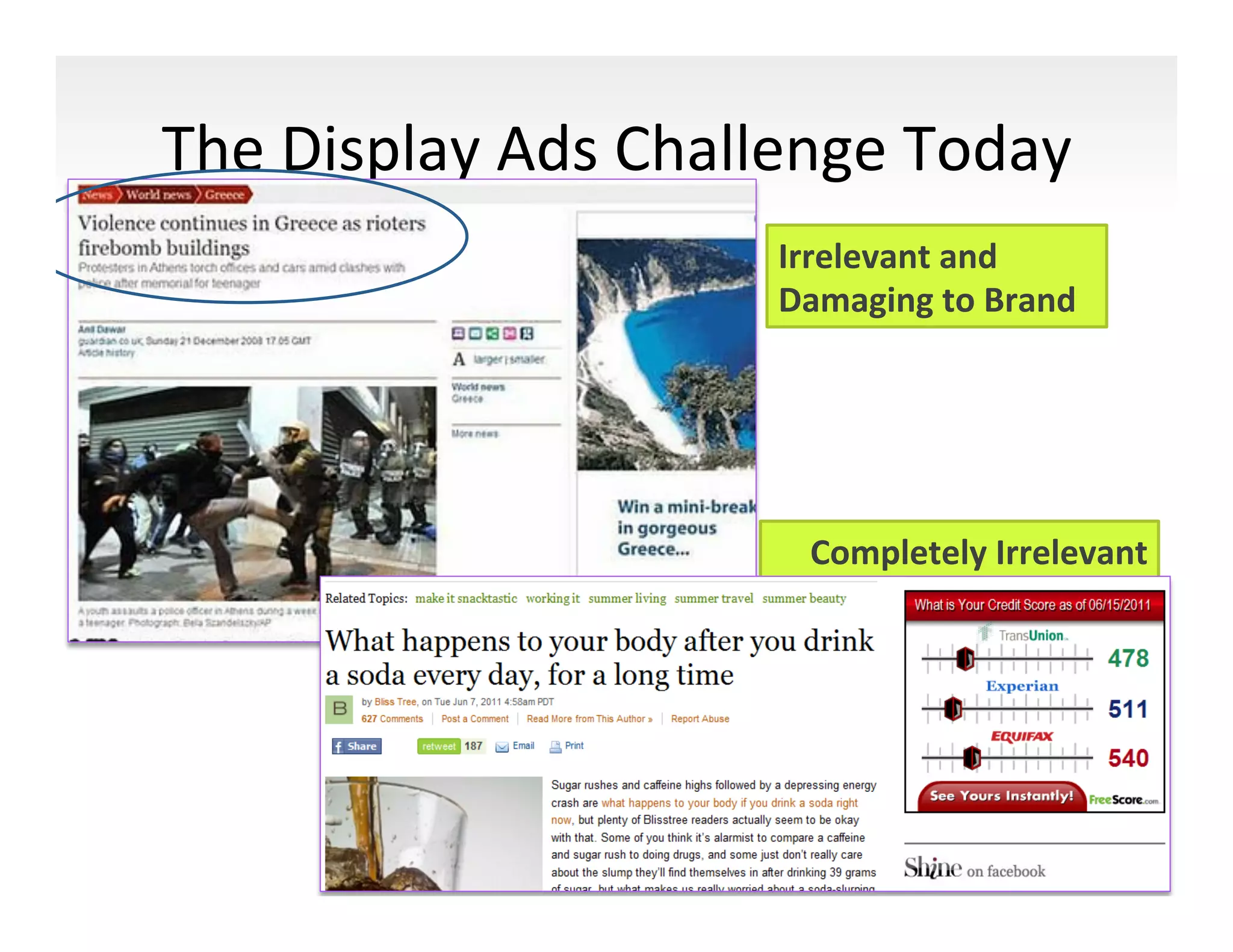 The	
  Display	
  Ads	
  Challenge	
  Today	
  
                               Irrelevant	
  and	
  
                               Damaging	
  to	
  Brand	
  




                                 Completely	
  Irrelevant	
  




                      46	
  
 