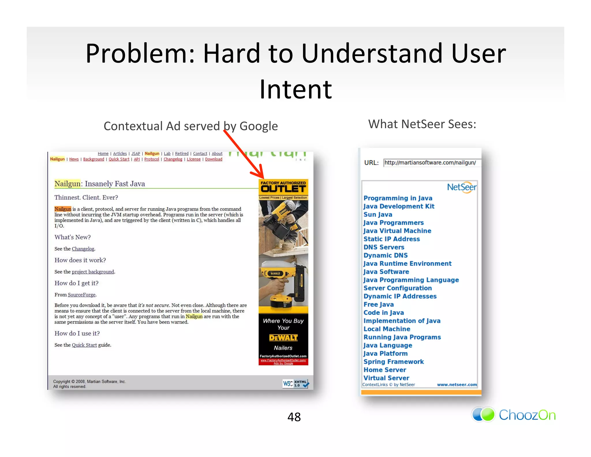 Problem:	
  Hard	
  to	
  Understand	
  User	
  
                Intent	
  
  Contextual	
  Ad	
  served	
  by	
  Google	
              What	
  NetSeer	
  Sees:	
  	
  




                                                   48	
  
 