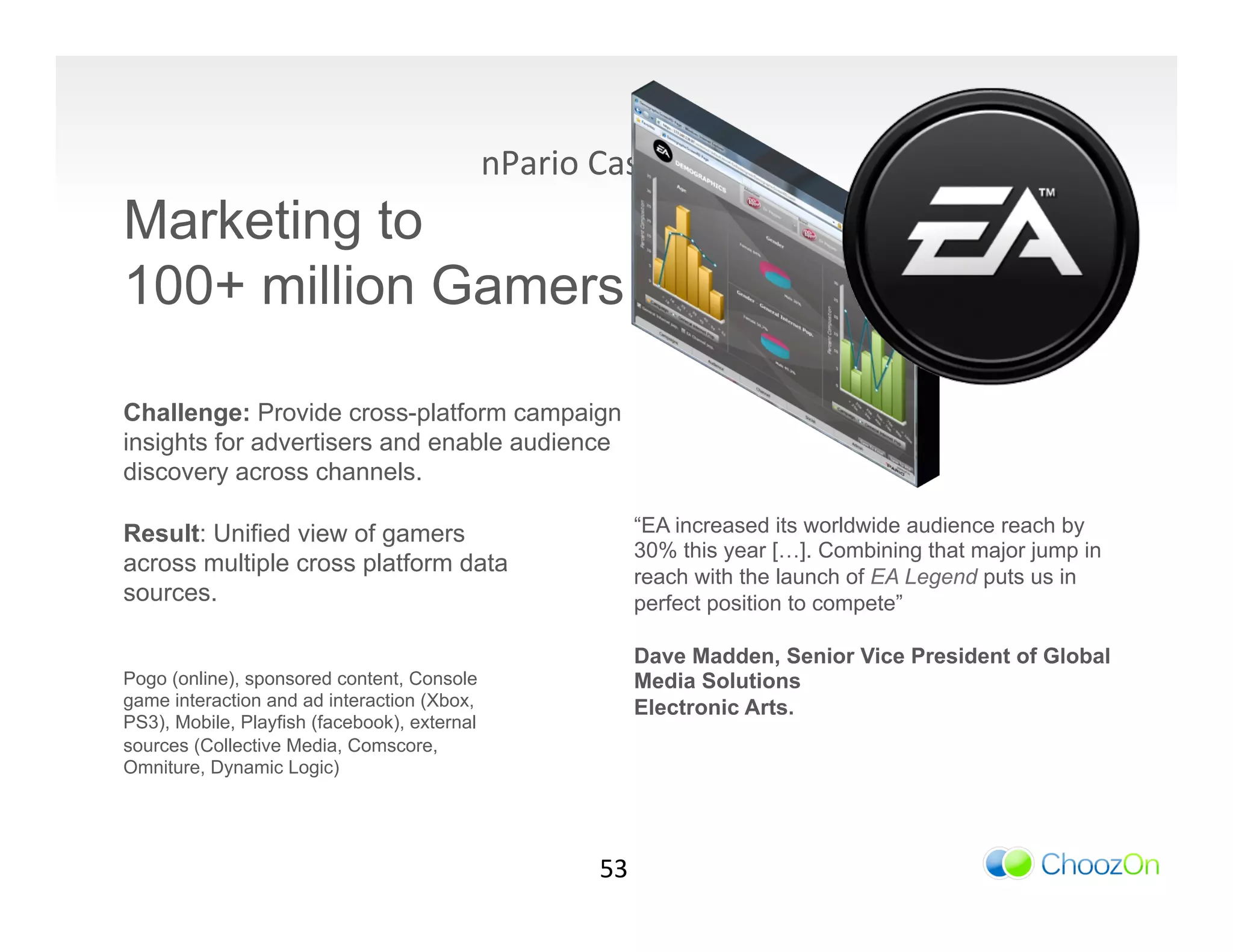 nPario	
  Case	
  Study	
  
Marketing to
100+ million Gamers

Challenge: Provide cross-platform campaign
insights for advertisers and enable audience
discovery across channels.

Result: Unified view of gamers                                “EA increased its worldwide audience reach by
                                                              30% this year […]. Combining that major jump in
across multiple cross platform data
                                                              reach with the launch of EA Legend puts us in
sources.                                                      perfect position to compete”

                                                              Dave Madden, Senior Vice President of Global
Pogo (online), sponsored content, Console                     Media Solutions
game interaction and ad interaction (Xbox,                    Electronic Arts.
PS3), Mobile, Playfish (facebook), external
sources (Collective Media, Comscore,
Omniture, Dynamic Logic)




                                                         53	
  
 