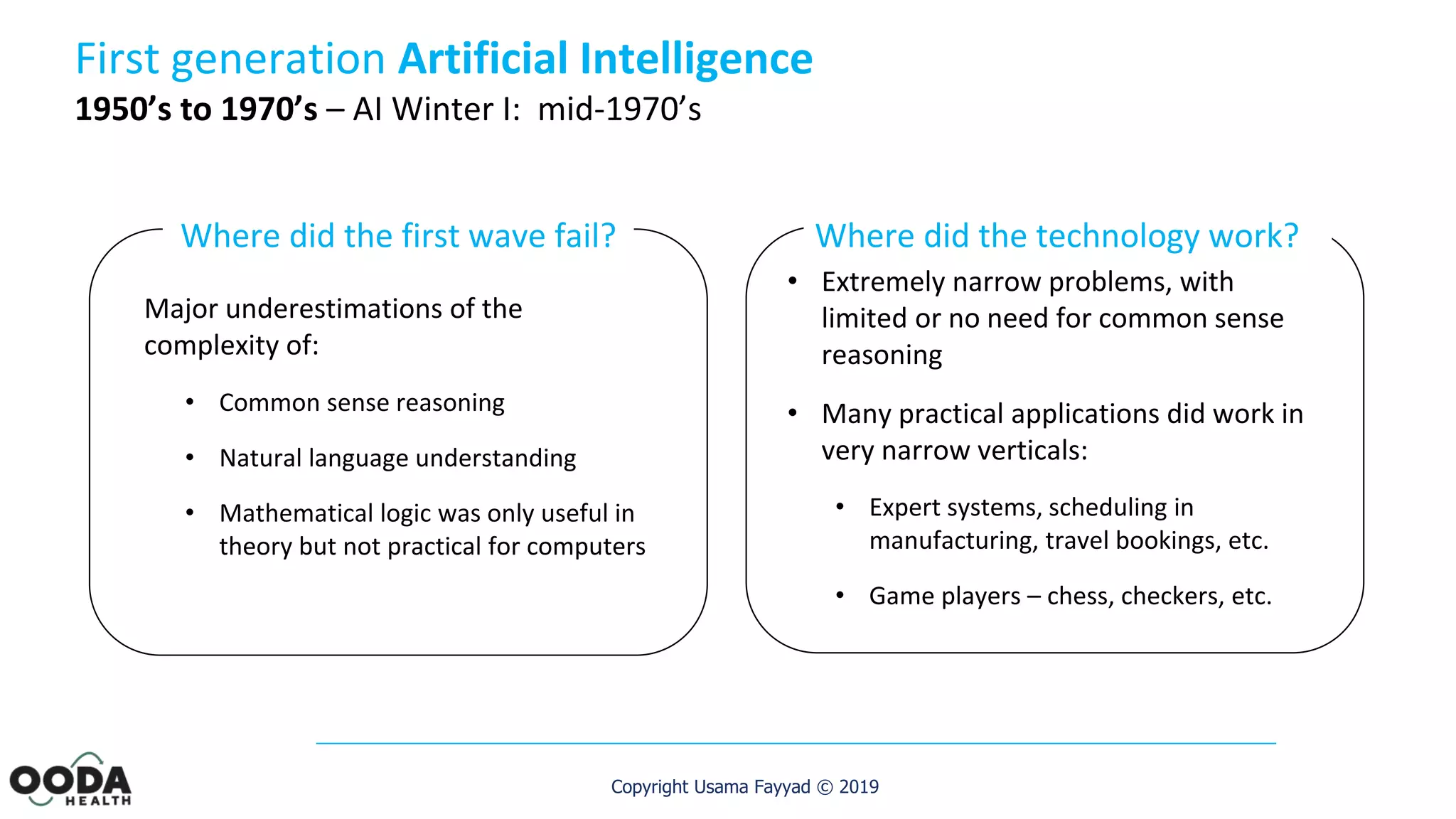 Copyright Usama Fayyad © 2019
First generation Artificial Intelligence
1950’s to 1970’s – AI Winter I: mid-1970’s
Major underestimations of the
complexity of:
• Common sense reasoning
• Natural language understanding
• Mathematical logic was only useful in
theory but not practical for computers
• Extremely narrow problems, with
limited or no need for common sense
reasoning
• Many practical applications did work in
very narrow verticals:
• Expert systems, scheduling in
manufacturing, travel bookings, etc.
• Game players – chess, checkers, etc.
Where did the first wave fail? Where did the technology work?
 