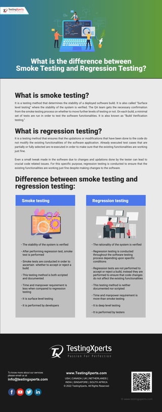To know more about our services
please email us at
info@testingxperts.com
www.TestingXperts.com
USA | CANADA | UK | NETHERLANDS |
INDIA | SINGAPORE | SOUTH AFRICA
© 2022 TestingXperts, All Rights Reserved
© www.testingxperts.com
What is smoke testing?
What is the difference between
Smoke Testing and Regression Testing?
It is a testing method that determines the stability of a deployed software build. It is also called “Surface
level testing” where the stability of the system is verified. The QA team gets the necessary confirmation
from the smoke testing process on whether to move further levels of testing or not. On each build, a minimal
set of tests are run in order to test the software functionalities. It is also known as “Build Verification
testing.”
What is regression testing?
It is a testing method that ensures that the updations or modifications that have been done to the code do
not modify the existing functionalities of the software application. Already executed test cases that are
partially or fully selected are re-executed in order to make sure that the existing functionalities are working
just fine.
Even a small tweak made in the software due to changes and updations done by the tester can lead to
crucial code related issues. For this specific purpose, regression testing is conducted to ensure that the
existing functionalities are working just fine despite making changes to the software.
Difference between smoke testing and
regression testing:
Smoke testing
- The stability of the system is verified
- After performing regression test, smoke
test is performed
- Smoke tests are conducted in order to
ascertain whether to accept or reject a
build
- This testing method is both scripted
and documented
- Time and manpower requirement is
less when compared to regression
testing
- It is surface level testing
- It is performed by developers
Regression testing
- The rationality of the system is verified
- Regression testing is conducted
throughout the software testing
process depending upon specific
conditions
- Regression tests are not performed to
accept or reject a build, instead they are
performed to ensure that code changes
do not affect the existing functionalities
- This testing method is neither
documented nor scripted
- Time and manpower requirement is
more than smoke testing
- It is deep level testing
- It is performed by testers
 
