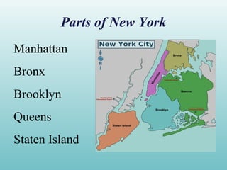 Parts of New York
Manhattan
Bronx
Brooklyn
Queens
Staten Island
 