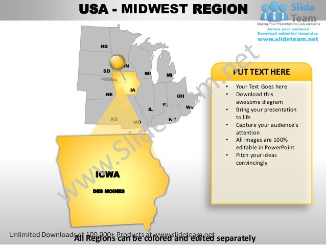 Usa midwest region country editable powerpoint maps with states and c…