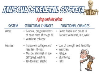 Aging and the Joints
SYSTEM STRUCTURAL CHANGES FUNCTIONAL CHANGES
Bones • Gradual, progressive loss
of bone mass after age...