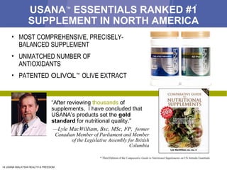 USANA ™  ESSENTIALS RANKED #1 SUPPLEMENT IN NORTH AMERICA MOST COMPREHENSIVE, PRECISELY-BALANCED SUPPLEMENT UNMATCHED NUMBER OF ANTIOXIDANTS PATENTED  OLIVOL ™   OLIVE EXTRACT “ After reviewing  thousands  of supplements,  I have concluded that USANA’s products set the  gold standard  for nutritional quality.” — Lyle MacWilliam, Bsc, MSc, FP,  former Canadian Member of Parliament and Member of the Legislative Assembly for British Columbia * Third Edition of the  Comparative Guide to Nutritional Supplements on  US formula Essentials * 