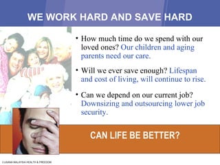 WE WORK HARD AND SAVE HARD CAN LIFE BE BETTER? Will we ever save enough?  Lifespan  and cost of living, will continue to rise.   Can we depend on our current job?  Downsizing and outsourcing lower job security. How much time do we spend with our loved ones?  Our children and aging parents need our care. 