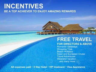 INCENTIVES
BE A TOP ACHIEVER TO ENJOY AMAZING REWARDS
FREE TRAVEL
FOR DIRECTORS & ABOVE
Romantic Getaways
Shopping Trips
Beach Holidays
Asian and European Cruise
Travel Adventures
Weekend Vacation
…and many more
All expenses paid・5 Star Hotel・VIP treatment・Visa Assistance
 