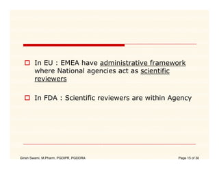 In EU : EMEA have administrative framework
        where National agencies act as scientific
                        g
        reviewers

        In FDA : Scientific reviewers are within Agency
                        f




Girish Swami, M.Pharm, PGDIPR, PGDDRA              Page 15 of 30
 