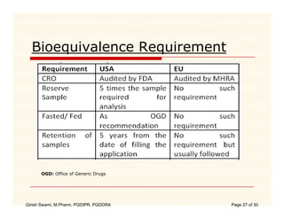 Bioequivalence Requirement




      OGD: Office of Generic Drugs




Girish Swami, M.Pharm, PGDIPR, PGDDRA   Page 27 of 30
 