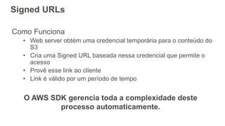 Signed URLs
Como Funciona
• Web server obtém uma credencial temporária para o conteúdo do
S3
• Cria uma Signed URL baseada nessa credencial que permite o
acesso
• Provê esse link ao cliente
• Link é válido por um período de tempo
O AWS SDK gerencia toda a complexidade deste
processo automaticamente.
 