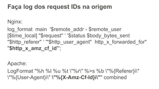 Faça log dos request IDs na origem
Nginx:
log_format main '$remote_addr - $remote_user
[$time_local] "$request" ‘ '$status $body_bytes_sent
"$http_referer" ‘ '"$http_user_agent" http_x_forwarded_for"
"$http_x_amz_cf_id"';
Apache:
LogFormat "%h %l %u %t "%r" %>s %b "%{Referer}i"
"%{User-Agent}i" "%{X-Amz-Cf-Id}i"" combined
 