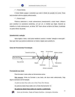 UNIVERSIDADE FEDERAL DE PELOTAS



        !" tecla Delete.
          A

        A tecla Delete apaga o caractere que está á direita da posição do cursor. Essa
tecla também elimina objetos selecionados.

        !" tecla Insert.
          A

        Pode-se selecionar o modo sobrescrever pressionando a tecla Insert. Utilize-a
para substituir os caracteres existentes, um por um, à medida que digita. Quando se
trabalha no modo sobrescrever, as letras “SE” ficam ativas na Barra de Status, localizada
na parte inferior da janela.



Substituindo a seleção

        Após digitar o texto, você pode reeditá-lo usando o modelo “seleção e execução”.
Isso quer dizer que pode-se selecionar um texto e digitar para substituí-lo.



Caixa de Ferramentas Formatação

                                                          Itálico    Cor da Fonte
                            Tamanho da Fonte                                        Alinhar a direita




            Tipo da fonte
                                              Negrito                                 Marcadores
                                                        Sublinhado
                                                                                Centralizar
                                                              Alinhar a esquerda

Formatando seu texto

        Para formatar o texto utilize as ferramentas acima.

        Não esqueça: Antes de formatar o seu texto, ele deve estar selecionado. Veja
alguns exemplos de formatação.

        As palavras desta frase estão com a fonte Times New Roman.

        As palavras desta frase estão com a fonte Arial tamanho 12.

        As palavras desta frase estão em negrito e sublinhado.
                                                                                                        14
            Centro de Informática - Seção de Projetos Científicos – Introdução a Informática
 