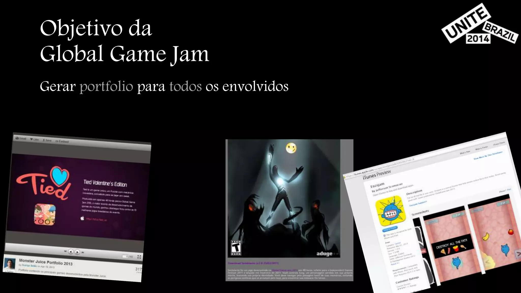 Objetivo da 
Global Game Jam 
Gerar portfolio para todos os envolvidos 
 