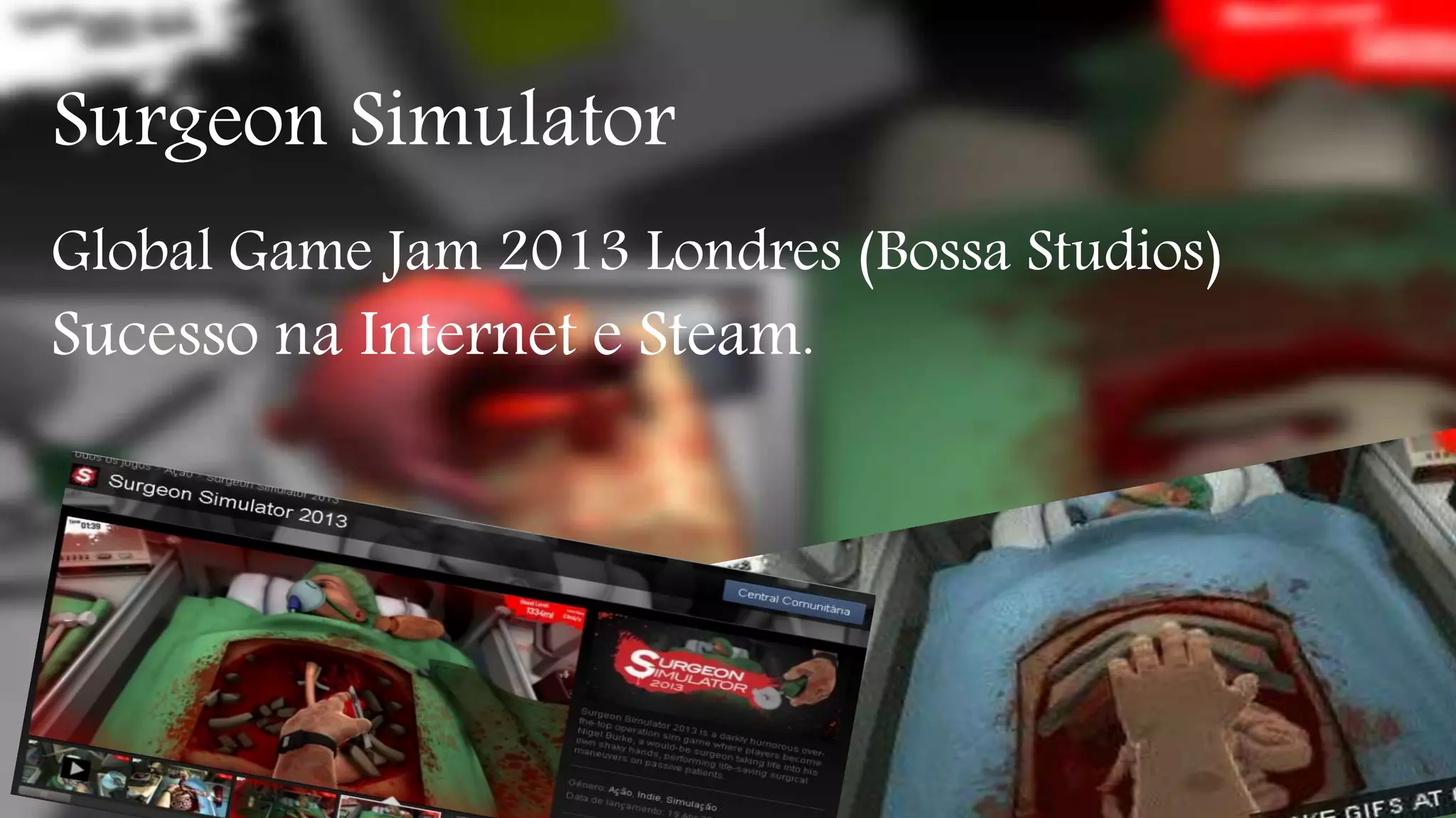 Surgeon Simulator 
Global Game Jam 2013 Londres (Bossa Studios) 
Sucesso na Internet e Steam. 
 