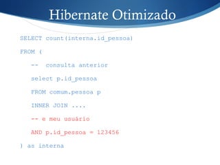 Hibernate Otimizado
SELECT count(interna.id_pessoa)
FROM (
-- consulta anterior
select p.id_pessoa
FROM comum.pessoa p
INNER JOIN ....
-- e meu usuário
AND p.id_pessoa = 123456
) as interna
 