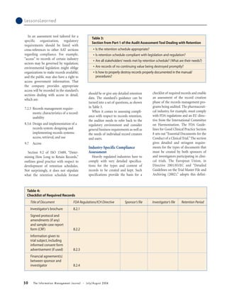 50 The Information Management Journal • July/August 2004
In an assessment tool tailored for a
specific organization, regulatory
requirements should be listed with
cross-references to other AAT sections
regarding compliance. For example,
“access” to records of certain industry
sectors may be governed by regulation;
environmental legislation might oblige
organizations to make records available;
and the public may also have a right to
access government information. That
the company provides appropriate
access will be recorded in the standard’s
sections dealing with access in detail,
which are:
7.2.5 Records management require-
ments: characteristics of a record:
usability
8.3.6 Design and implementation of a
records system: designing and
implementing records systems:
access, retrieval, and use
9.7 Access
Section 9.2 of ISO 15489, “Deter-
mining How Long to Retain Records,”
outlines good practice with respect to
development of retention schedules.
Not surprisingly, it does not stipulate
what the retention schedule format
LessonsLearned
checklist of required records and enable
an assessment of the record creation
phase of the records management pro-
grams being audited. The pharmaceuti-
cal industry, for example, must comply
with FDA regulations and an EU direc-
tive from the International Committee
on Harmonisation. The FDA Guide-
lines for Good Clinical Practice Section
8 sets out “Essential Documents for the
Conduct of a Clinical Trial.”The section
gives detailed and stringent require-
ments for the types of documents that
must be created by both sponsors of
and investigators participating in clini-
cal trials. The European Union, in
Directive 2001/83/EC and “Detailed
Guidelines on the Trial Master File and
Archiving (2002),” adopts this defini-
should be or give any detailed retention
data. The standard’s guidance can be
turned into a set of questions, as shown
in Table 3.
When it comes to assessing compli-
ance with respect to records retention,
the auditor needs to refer back to the
regulatory environment and consider
general business requirements as well as
the needs of individual record creators
and users.
Industry-Specific Compliance
Assessment
Heavily regulated industries have to
comply with very detailed specifica-
tions for the types and content of
records to be created and kept. Such
specifications provide the basis for a
Table 3:
Section from Part 1 of the Audit Assessment Tool Dealing with Retention
• Is the retention schedule appropriate?
• Is retention schedule compliant with legislation and regulation?
• Are all stakeholders’needs met by retention schedule? (What are their needs?)
• Are records of no continuing value being destroyed promptly?
• Is how to properly destroy records properly documented in the manual/
procedures?
Table 4:
Checklist of Required Records
Title of Document FDA Regulations/ICH Directive Sponsor’s file Investigator’s file Retention Period
Investigator’s brochure 8.2.1
Signed protocol and
amendments (if any)
and sample case report
form (CRF) 8.2.2
Information given to
trial subject,including
informed consent form
advertisement (if used) 8.2.3
Financial agreement(s)
between sponsor and
investigator 8.2.4
 