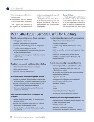52 The Information Management Journal • July/August 2004
LessonsLearned
• Records management staff member
• Records creator
• Representative from an interested
department (e.g.,quality management)
Table 5 (page 51) lists questions to ask
staff as part of the audit. Questions can
be tailored to suit the particular legal and
regulatory environment.
Finally,the audit must involve observ-
ing the processing and storage areas and
using the audit tool as a checklist to
assess compliance with relevant sections
of the standard.
Report Writing
Strictly speaking,the audit itself can be
documented solely by the completed
audit tool form. However, this may not
be the most helpful way of communicat-
ing to the operating staff what the audit
has discovered, and it is always worth
Records management programs should encompass:
• Setting policies and standards
• Assigning responsibilities and authorities
• Establishing and promulgating procedures and guidelines
• Providing records management services
• Designing,implementing,and administering specialized
records management systems
• Integrating records management into business systems
and processes
• Appropriate staff training
Regulatoryenvironmentsmustbeidentified,including:
• National and international law and regulations
• Sector-specific regulation
• Standards and codes of best practice
Main principles of records management include:
• Records are created to support business activity,provide
accountability,and comply with regulatory environments.
• Records management rules should be embedded in all
business processes requiring documentation.
• Business continuity should ensure identification and
protection of vital records.
The characteristics of records as defined in the
standard:
• Records should accurately reflect the communication,
action,or decision.
• Records need to be linked to metadata such as format
and business and documentary context.
• Records should be authentic,reliable,usable,complete,
and unaltered.
Functionality and components of records systems:
• Ability to document records transactions
• Control of physical storage
• Support of a range of distributed storage and custody
options
• Facility for controlled conversion and migration of digital
records
• Provision for controlled access,retrieval,and use
• Facilitation and implementation of retention and
disposition decisions
Records management processes and controls:
• Determining records to be captured into the system
• Specifying metadata that needs to be linked to or
embedded in the records
• Deciding how long to keep records (retention schedule
development and operation)
• Registration of records
• Classification (within business context,vocabulary
controls,indexing and referencing.)
• Storage and handling
• Access
• Tracking
• Implementing retention and disposition
• Documenting records management processes
Monitoring and auditing should encompass:
• Internal monitoring of system to ensure compliance with
it as well as required outcomes
• Internal or external audit
• Appropriate modifications to system
• Documentation of compliance,monitoring,and audit
ISO 15489-1:2001 Sections Useful for Auditing
 