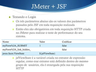 JMeter + JSF 
S Testando o Login 
S Os três parâmetros abaixo são os valores dos parâmetros 
passados pelo JSF em toda requisição realizada 
S Então eles são obrigatórios em toda requisição HTTP criada 
no JMeter para realizar o teste de performance do seu 
sistema. 
Nome Valor Codificar 
myForm%3A_SUBMIT 1 false 
myForm%3A_link_hidden_ false 
javax.faces.ViewState ${jsfViewState} 
S jsfViewState é a variável criada no extrator de expressão 
regular, como esse extrator está definido dentro do mesmo 
grupo de usuários, ela é enxergada pela sua requisição 
HTTP 
 