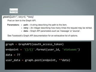 facepy
graph = GraphAPI(oauth_access_token)
endpoint = '{}/{}'.format(user_id, 'statuses')
data = ??
user_data = graph.post(endpoint, **data)
 